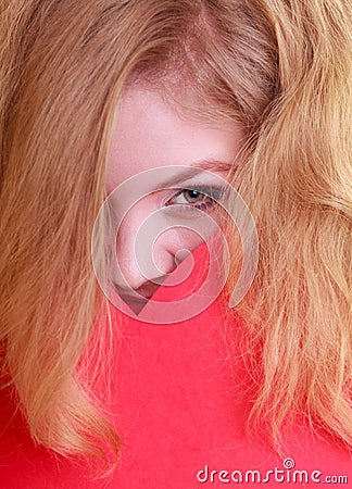 Woman holds Valentine day symbol love heart Stock Photo