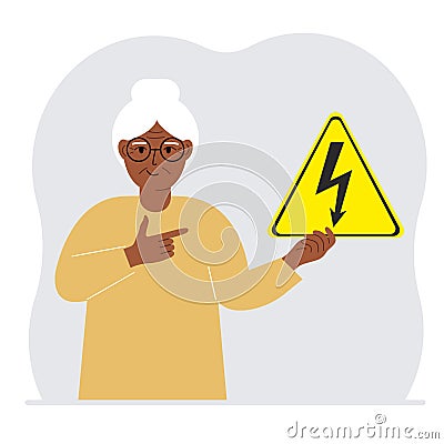 A woman holds a yellow triangular warning sign with a black lightning in his hand. The concept of the danger of electric Vector Illustration