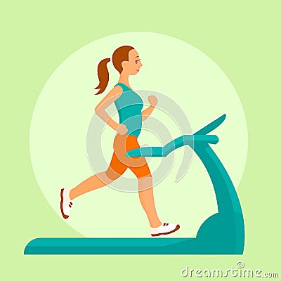 A woman at home runs on a treadmill. Vector Illustration