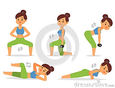 Woman home workout vector exercising at home fitness character training coaching healthy living and diet concept Vector Illustration