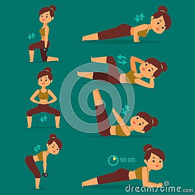 Woman home workout vector exercising at home fitness character training coaching healthy living and diet concept Vector Illustration