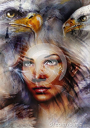 mystic woman and two eagles beautiful painting, eye contact, abstract background Cartoon Illustration