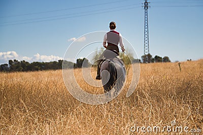 Woman horsewoman, young and beautiful, walking with her horse, in the countryside surrounded by dry grass. Concept horse riding, Stock Photo
