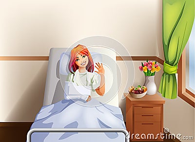 Woman in a hospital bed smiling with a broken hand in a cast Vector Illustration