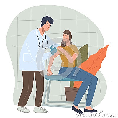 Woman in hospital or clinics getting vaccinated Vector Illustration