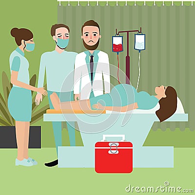 Woman in hospital prepare for delivering giving birth baby labor process with doctor Vector Illustration