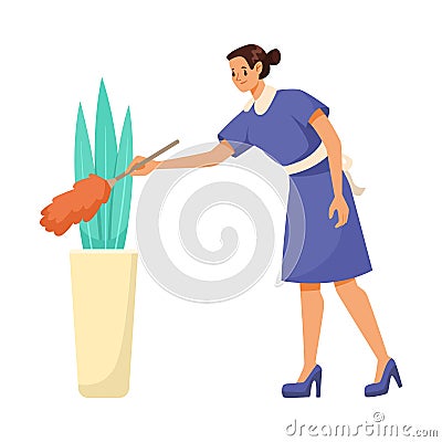 Woman Hotel Maid with Duster Cleaning Plant in Pot Vector Illustration Vector Illustration