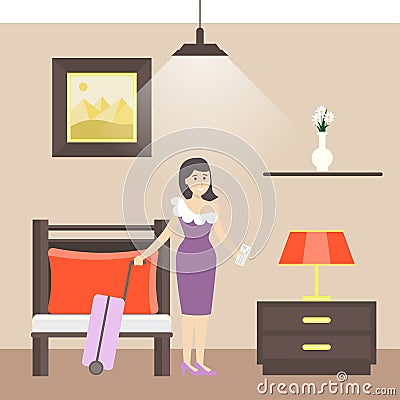 Woman in hotel room. Vector Illustration