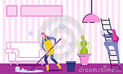 Woman Housekeeper Cleaning and Washing Floor. Vector Illustration