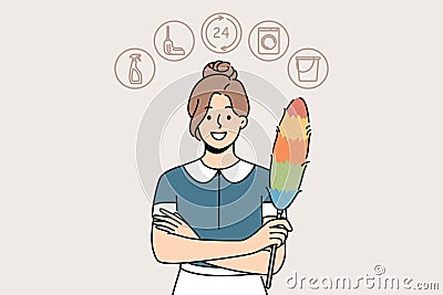 Woman housekeeper or maid with dust brush smiles, recommending contacting cleaning company Vector Illustration