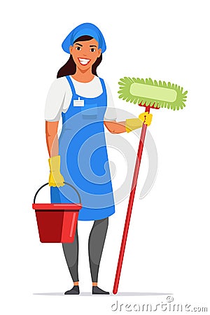 Woman housemaid in apron holding tools on white Vector Illustration