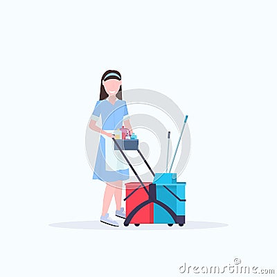 Woman housemaid holding trolley cart with supplies female cleaner janitor in uniform cleaning service concept flat full Vector Illustration