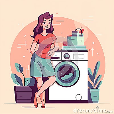 Woman housewife washes clothes in the washing machine. illustration in a flat style. Generative AI Cartoon Illustration