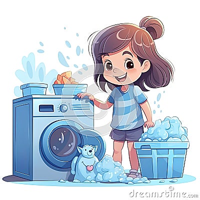 Woman housewife washes clothes in the washing machine. illustration in a flat style. Generative AI Cartoon Illustration