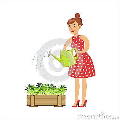 Woman Housewife Watering The Plants In The Pot, Classic Household Duty Of Staying-at-home Wife Illustration Vector Illustration