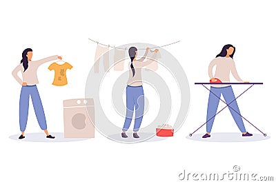 Woman at housework - laundry, drying and ironing of linen, girl washing dirty clothes, housekeeping and cleaning Vector Illustration