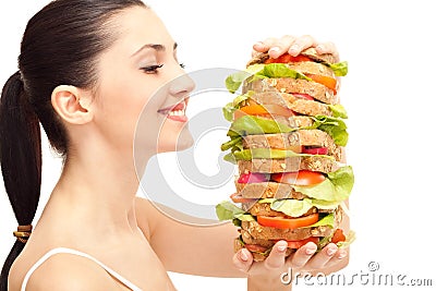 Woman with huge healthy sandwich Stock Photo