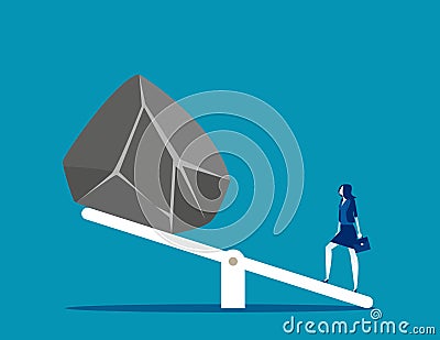 Woman with huge stones on seesaw. Concept business balance vector illustration, Rock, Pushing Vector Illustration