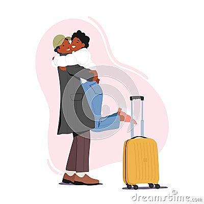 Woman Hugging Man With Suitcase Meet Lover In Airport. Happy Couple Embrace Reunite After Separation Vector Illustration