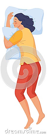 Woman hugging pillow in sleep. Bedtime resting position Vector Illustration