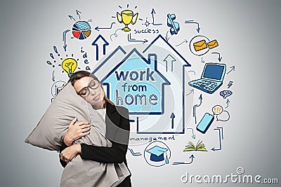 Woman hugging pillow, work from home sketch Stock Photo