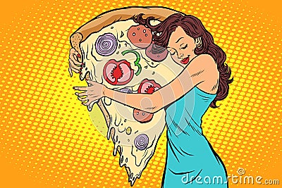 Woman hugging a pizza Vector Illustration