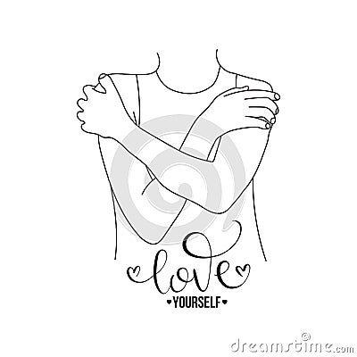 Woman hugs herself. Love yourself. Self care illustration. Love your body Cartoon Illustration