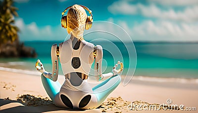 Woman humanoid robot meditating in lotus pose. Generative Ai Stock Photo