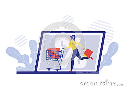 Woman hurrying discount Black Friday Online with cart flat Vector Illustration