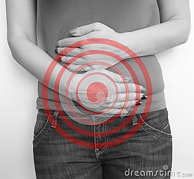 Woman hurts her intestine, syndrome, digestion stomach Stock Photo