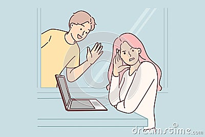 Woman ignores annoying man stalker who wants to start romantic relationship or inviting on date Vector Illustration