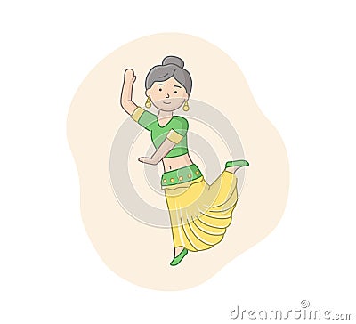 Woman Of India Wearing Traditional Green And Yellow Outfit Dancing. Female Indian Dancer Character Moving To The Music Vector Illustration