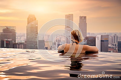 Woman in infinity swimming pool Stock Photo