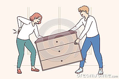 Woman injured back while rearranging furniture in house with husband or moving to new apartment Vector Illustration