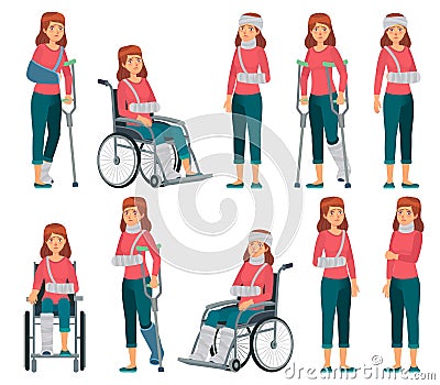 Woman with injury. Broken legs in plaster, arm and neck injuries. Sad female character in wheelchair, accident victim Vector Illustration