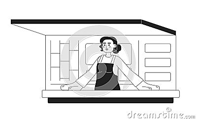 Woman inside food track monochromatic flat vector character Stock Photo