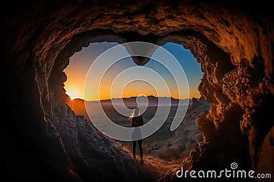 Woman inside a heart shaped cave in a beautiful sunrise Stock Photo