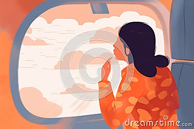 woman transportation flight journey trip window hijab seat passenger plane character. Generative AI. Stock Photo