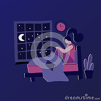 Woman with insomnia. Modern hand drawn flat concept with sad unhappy young woman sitting on a bed at Night. Sleepless girl. Vector Stock Photo