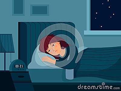 Woman with insomnia. Sleepy female character who cant sleep, depressed person worried nightmares and lying in bed with Vector Illustration