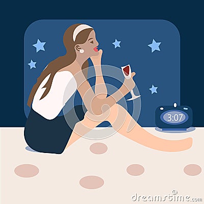 Woman with insomnia. Trying to drik a wine in room. Vector Illustration