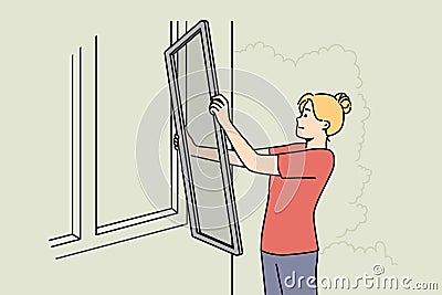 Woman put insect protection screen on window Vector Illustration