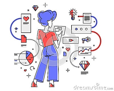 Woman intellectual worker making analysis of some data on pc or web, data systematization, collecting and analyzing information, Vector Illustration