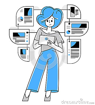 Woman intellectual worker making analysis of some data on pc or web, data systematization, collecting and analyzing information, Vector Illustration