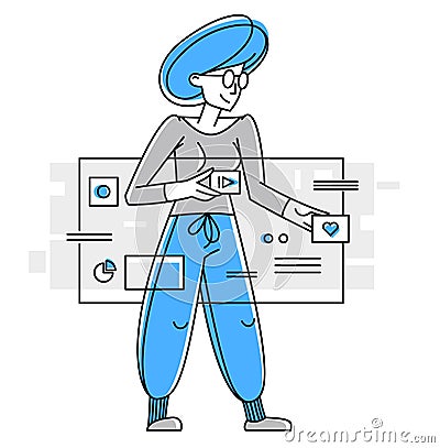Woman intellectual worker making analysis of some data on pc or web, data systematization, collecting and analyzing information, Vector Illustration