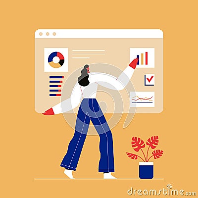 Woman interacting with charts and analysing statistics. Customer tracking software, data visualisation. Flat vector illustration Vector Illustration