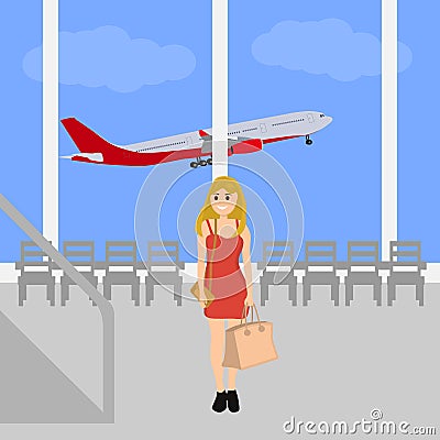 Woman at the International Airport Vector Illustration
