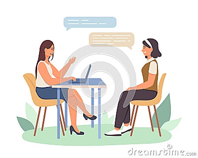 Woman on interview talking with HR. Process of talking with candidates Vector Illustration