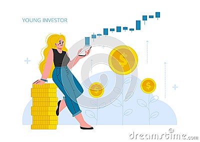 The woman invest in stock market, growth, income money, rising rate,profit, young generation.Modern vector illustration. Vector Illustration