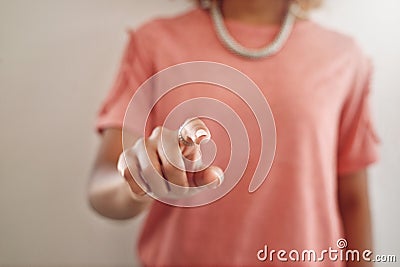 Woman, invisible or finger to press in ui system or login to internet access network or digital future. Dashboard, hand Stock Photo